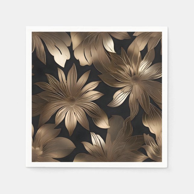 Guardanapo De Papel Floral Moderno Elegante Preto e Dourado (Frente)
