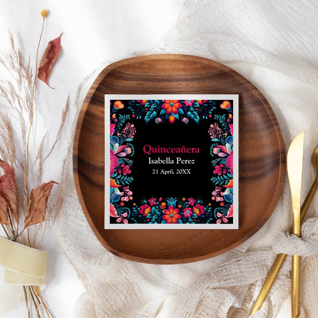 Guardanapo De Papel Floral Quinceanera Black Mexicano Fiesta Birthday (Floral Quinceanera Black Mexican Fiesta Birthday Napkins on a boho floral table.)