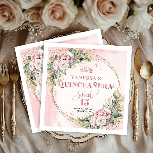 Guardanapo De Papel Floral Quinceañera Napkins in Dusty Pink and Gold (Floral Quinceañera Napkins in Dusty Pink and Gold)