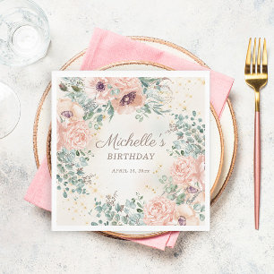 Guardanapo De Papel Floral Rosa Folhagem Verde Brilho Dourado Aniversá