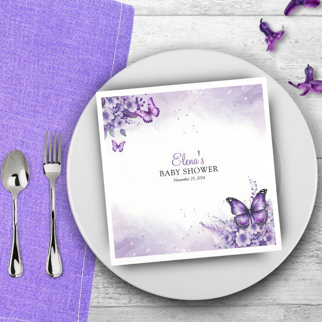 Guardanapo De Papel Floral Roxo Elegante Chá de fraldas borboleta (Criador carregado)