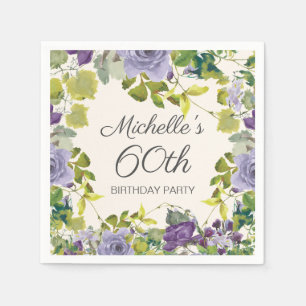 Guardanapo De Papel Floral Roxo Folhas Verdes Editáveis 60º Aniversári