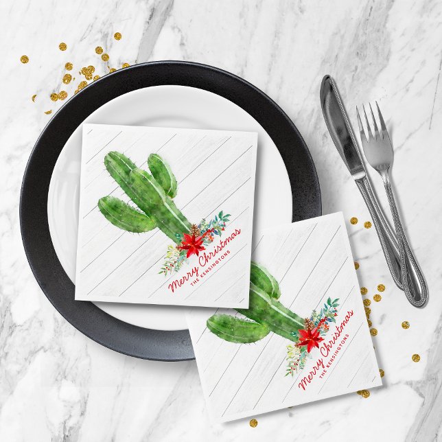 Guardanapo De Papel Floral Russo de Natal Cactus Feriado de Madeira (Rustic Christmas Cactus Wood Holiday Floral Napkins)