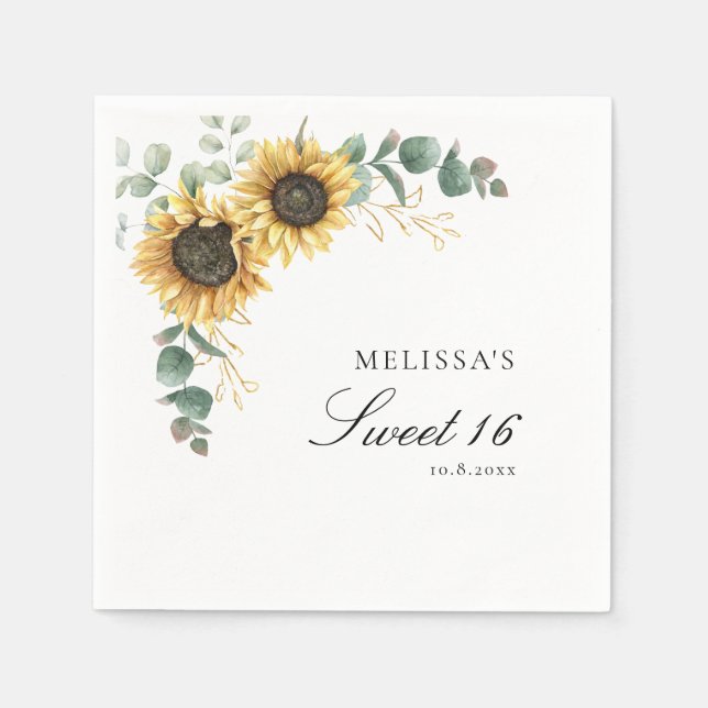 Guardanapo De Papel Floral Sunflower Eucalyptus Sweet 16 Party Paper (Frente)