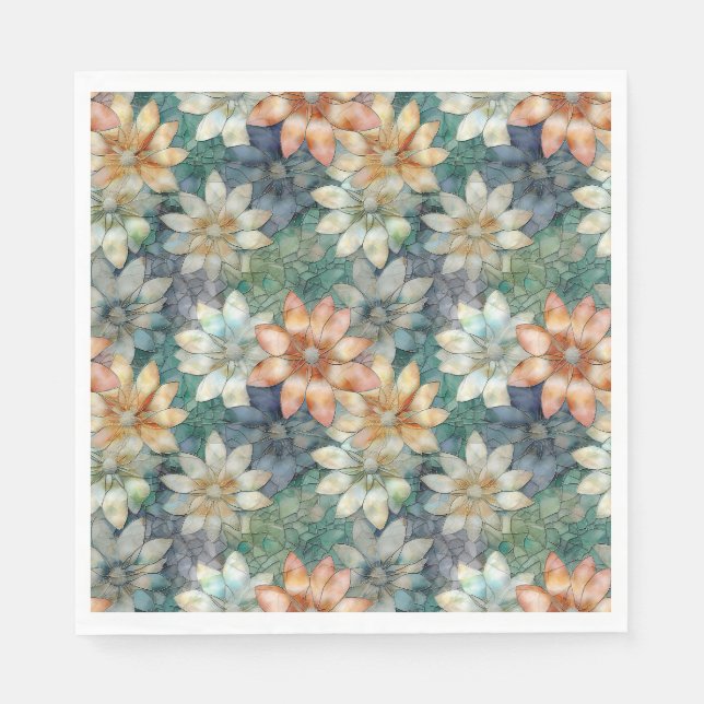Guardanapo De Papel Floral Verde Branco Azul Pêssego (Frente)