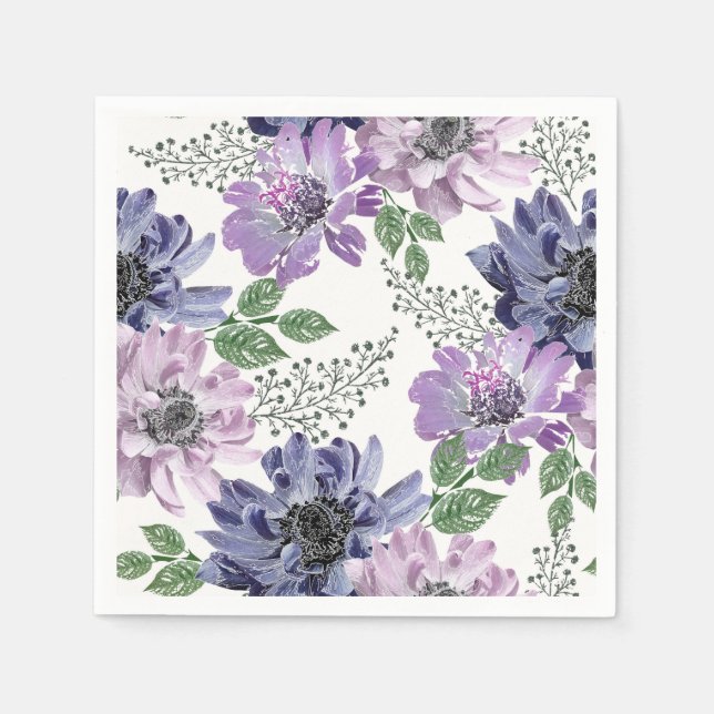 Guardanapo De Papel Flores azuis e lilás em um fundo branco. (Frente)
