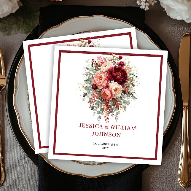 Guardanapo De Papel Flores Boho Vermelho Intenso Outono Eucalipto Casa (Deep Red Boho Flowers Autumn Eucalyptus Wedding Napkins

)