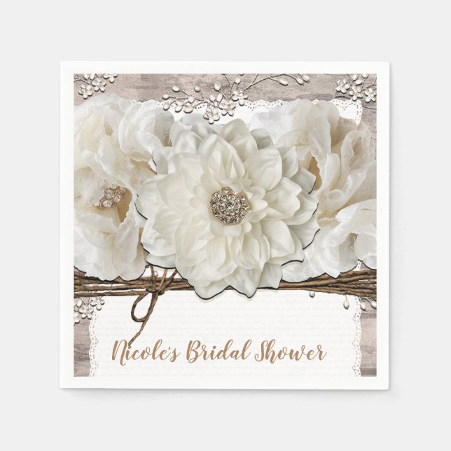 Guardanapo De Papel Flores Brancas e Bétula Chá de Noiva Rústico Glamo (Frente)