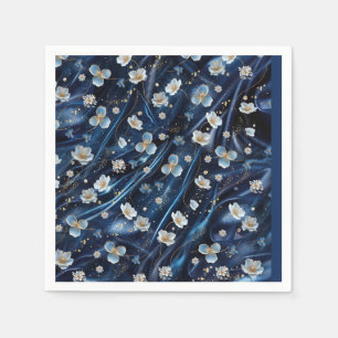 Guardanapo De Papel Flores brancas e Douradas de abstrato na Seda Azul