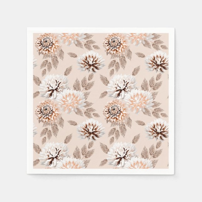 Guardanapo De Papel Flores brancas e marrons em fundo creme. (Frente)