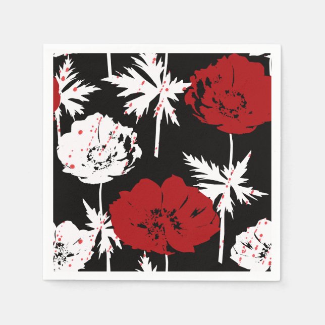 Guardanapo De Papel Flores brancas e vermelhas em preto (Frente)
