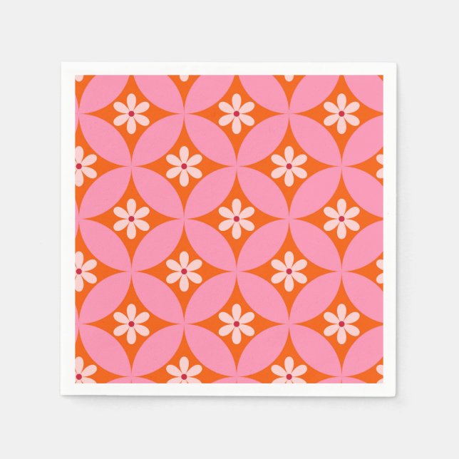 Guardanapo De Papel Flores Brancas em Padrão de Círculos Rosa de Meado (Frente)