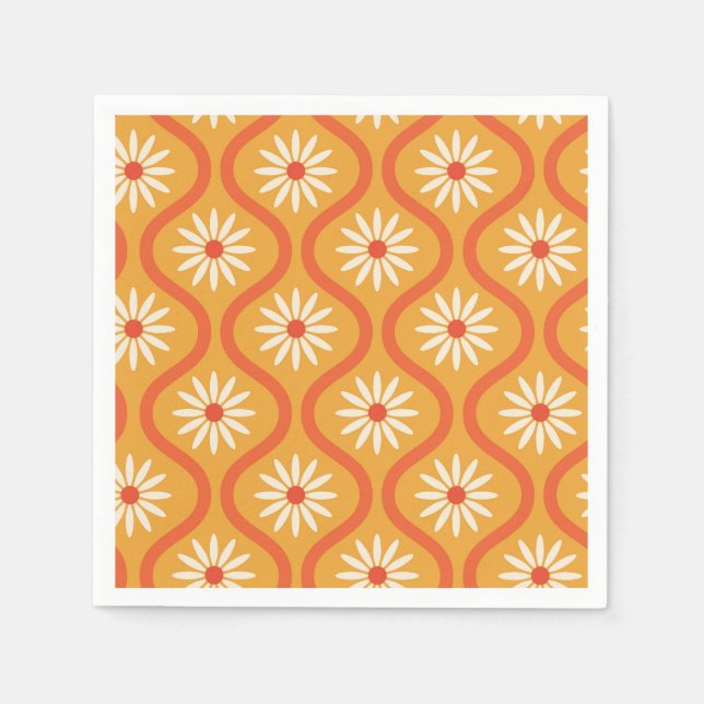 Guardanapo De Papel Flores Brancas Retro em Ogee Laranja de Meados do  (Frente)