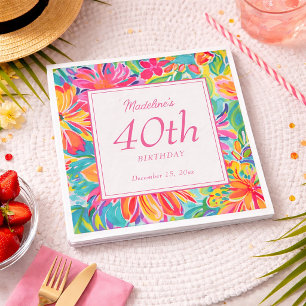 Guardanapo De Papel Flores de Aquarela Laranja Rosa Quente de 40 Anos