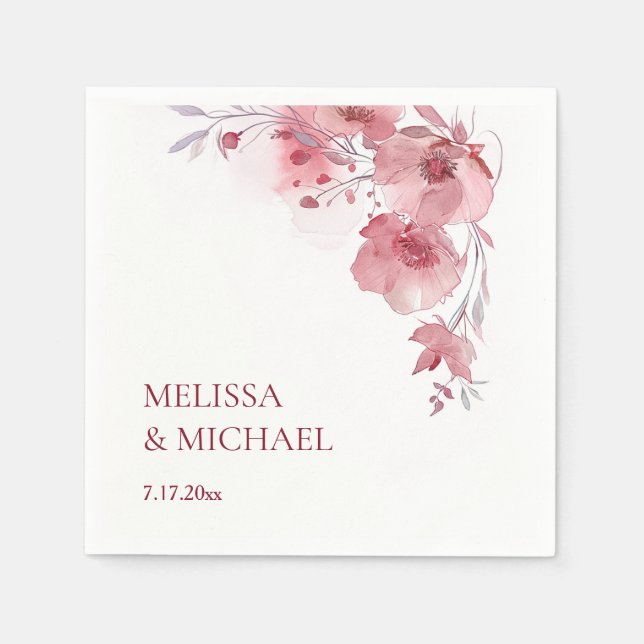 Guardanapo De Papel Flores de Aquarela Rosa Empoeirada Casamento (Frente)