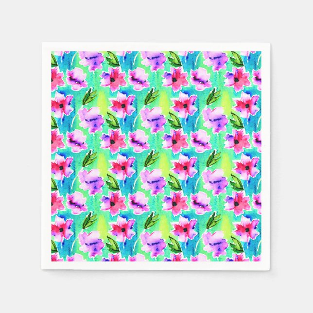 Guardanapo De Papel Flores de Aquarela Rosa, Roxo, Verde e Azul (Frente)