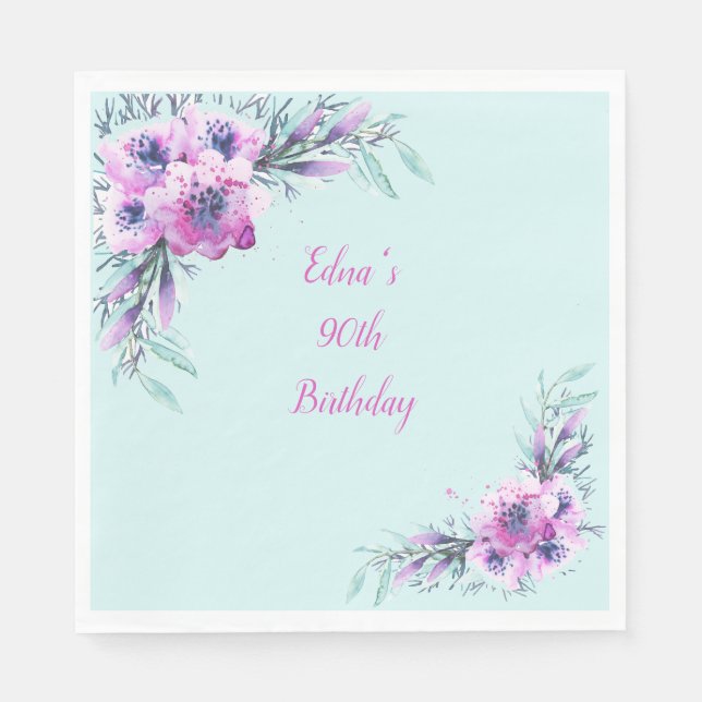 Guardanapo De Papel Flores de Aquarela Teal e Purple 90 (Frente)