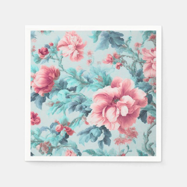 Guardanapo De Papel Flores de Clarete Rosa Sofisticadas e Folhas Azure (Frente)