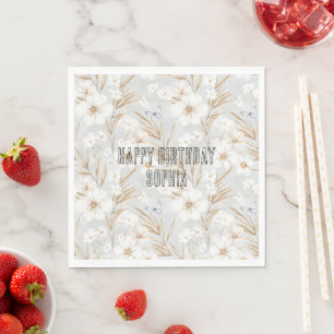 Guardanapo De Papel Flores de Creme Branco Borboletas Azuis Aniversári