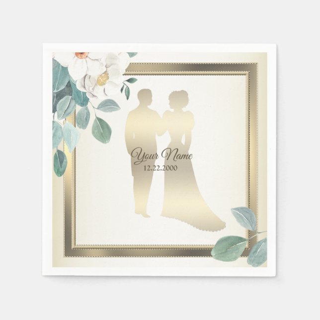 Guardanapo De Papel Flores de Folhas Verdes Quadro Dourado Casamento F (Frente)