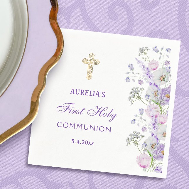 Guardanapo De Papel Flores de Lilás em Aquarela Primeira Comunhão (Criador carregado)