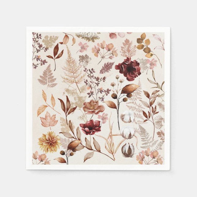 Guardanapo De Papel Flores de outono e Folhas de Aquarela (Frente)