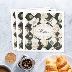 Guardanapo De Papel Flores de Rosa Vintage Monograma Diamante Preto Br
