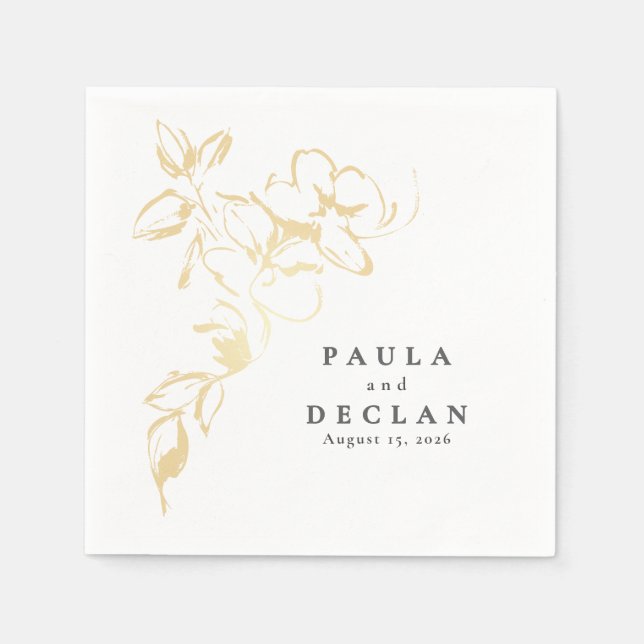 Guardanapo De Papel Flores Douradas, desenhadas à mão, Casamento Elega (Frente)