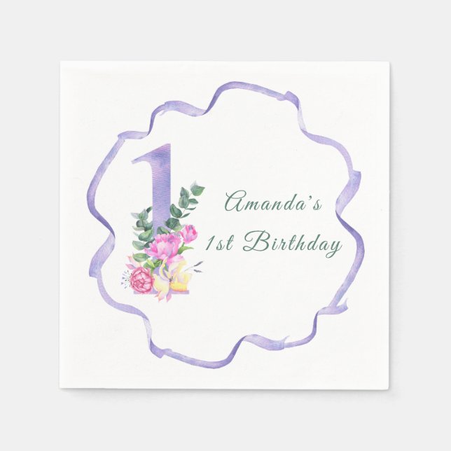 Guardanapo De Papel Flores e primeira festa de aniversário de fita (Frente)