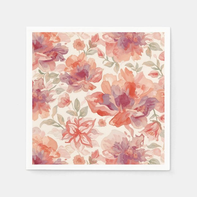 Guardanapo De Papel Flores em Aquarela Pastel Laranja Claro (Frente)