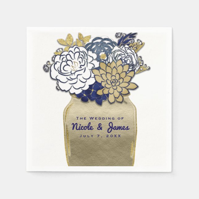 Guardanapo De Papel Flores em Pote de Pedra Azul Rústico Dourado Flora (Frente)