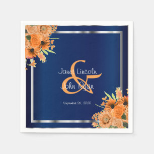 Guardanapo De Papel Flores laranja Bonito em azul Marinho