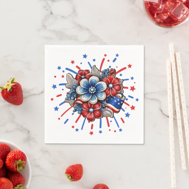 Guardanapo De Papel Flores Patrióticas em Branco Vermelho e Azul 4 de  (Insitu)