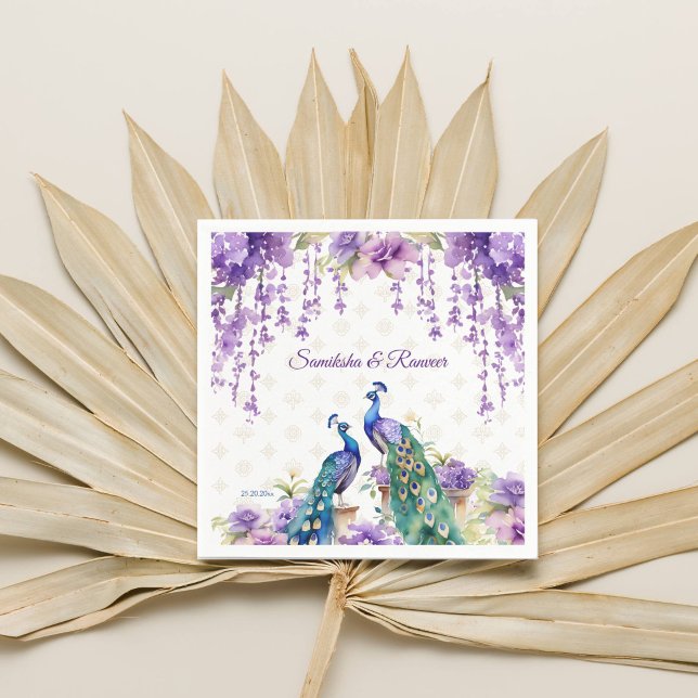 Guardanapo De Papel Flores púrpuras de pavão-pavão (Peacock purple flowers Indian wedding tableware personalized template napkins wisteria gardens)