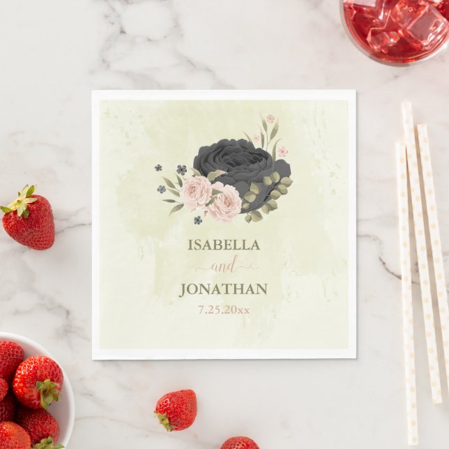 Guardanapo De Papel flores rosa com blush preto casamento (Insitu)