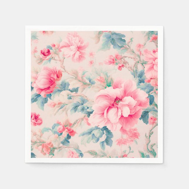 Guardanapo De Papel Flores rosa suaves e folhas cerulanas (Frente)