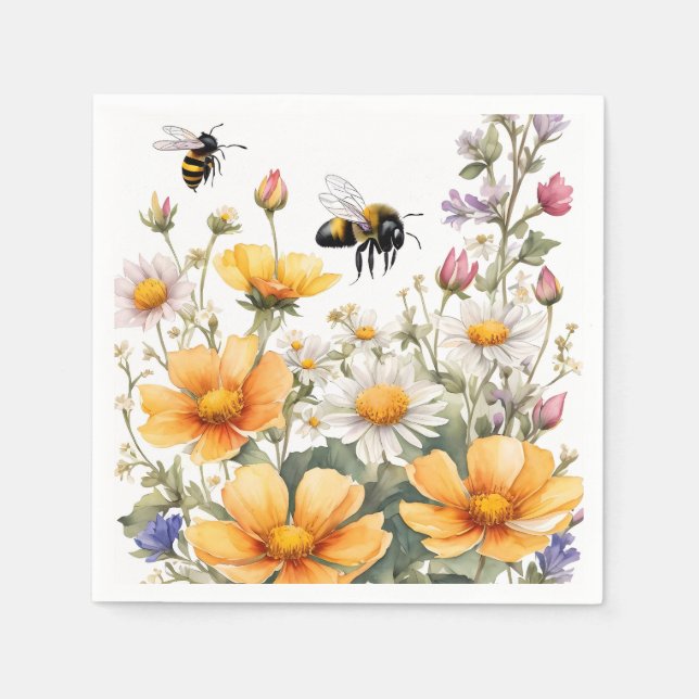 Guardanapo De Papel Flores Selvagens e Abelhas de Mel Aquarela (Frente)