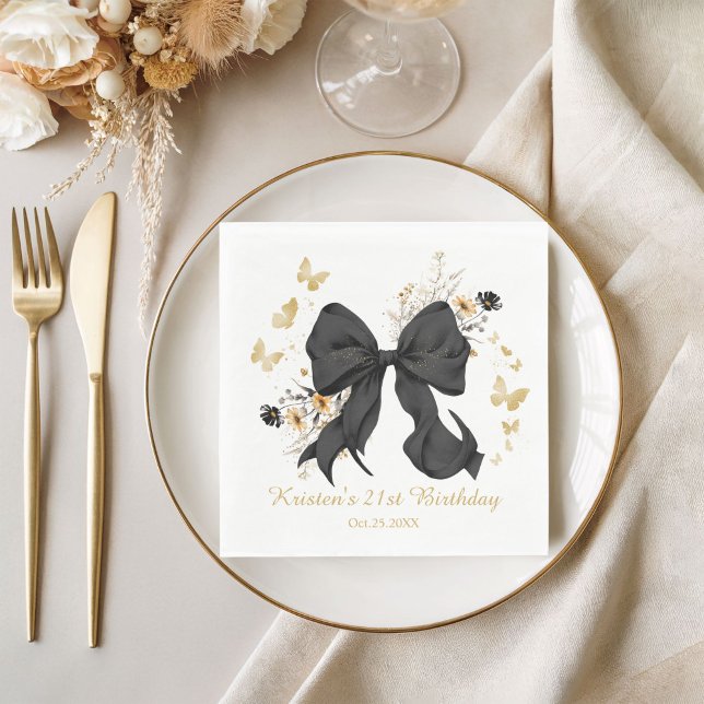Guardanapo De Papel Flores Silvestres Coqueteis com Laço Preto Elegant (Elegant Black Gold Coquette Bow Napkins)