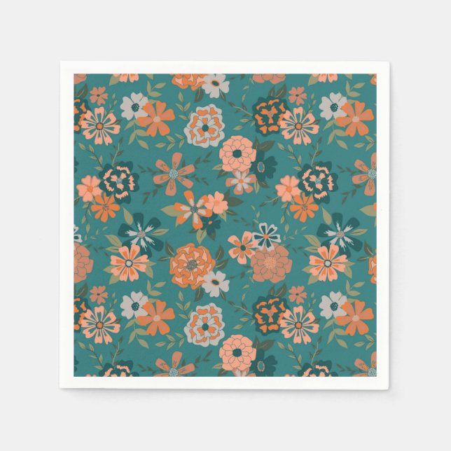 Guardanapo De Papel Flores Verde Laranja Padrão Botânico (Frente)