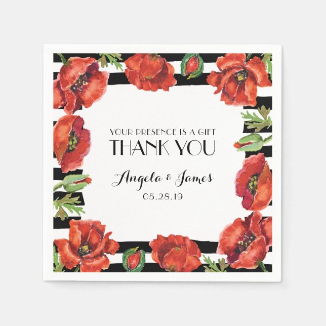 Guardanapo De Papel Flores Vermelhas com Stripes Negras Casamento (Frente)