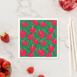 Guardanapo De Papel Flores Vermelhas de Hibisco em Folhas Tropicais Ve