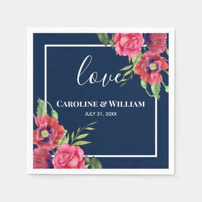 Guardanapo De Papel Flores Vermelhas e Rosa Negras Marinho Escuro Azul (Frente)