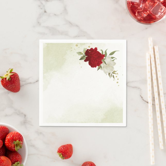 Guardanapo De Papel flores vermelhas folhas verdes casamento (Insitu)