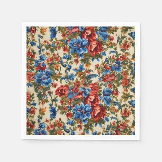 Guardanapo De Papel Flores Vermelhos e Azuis com Folhas Lush Italianas (Frente)