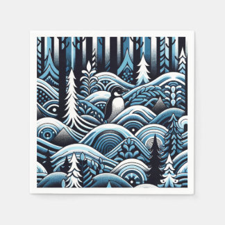 Guardanapo De Papel Floresta Azul De Inverno De Meia-Noite Com Pinguim