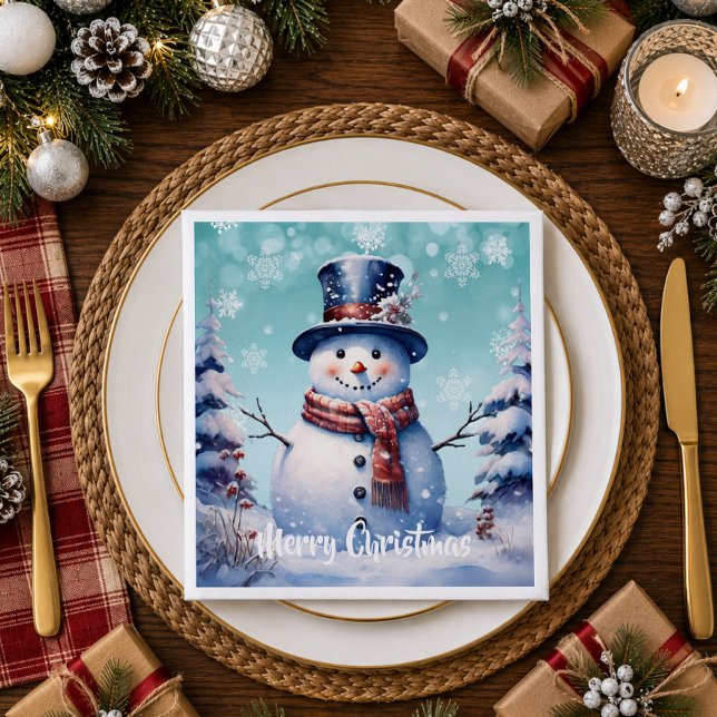 Guardanapo De Papel Floresta de Inverno Boneco de Neve Natal | Turques (Teal Winter Forest Snowman Christmas Napkins)