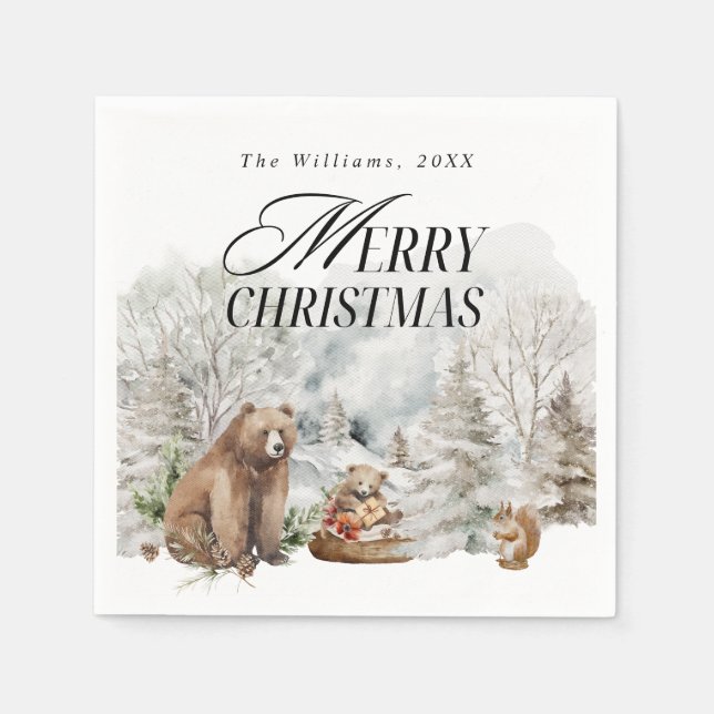 Guardanapo De Papel Floresta de inverno Elegante Aquarela Feliz Natal (Frente)