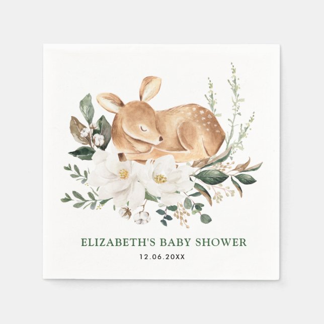 Guardanapo De Papel Floresta Dormente Vedante Verde Floral Branco Fawn (Frente)