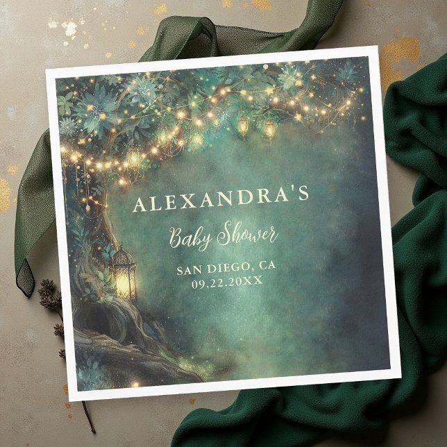 Guardanapo De Papel Floresta Encantada Lanternas Mágicas Chás de Bebê  (enchanted forest baby shower napkin emerald green gold fairy lights lanterns magical woodland)