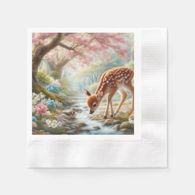 Guardanapo De Papel Florestas de primavera com pato e fada/veado (Frente)